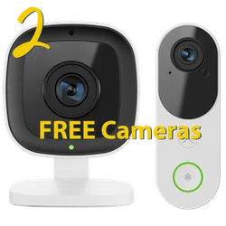 Black and white security cameras with yellow text offering 2 free cameras on a white background.