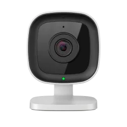 Front view of a compact modern security camera with black lens and white body on black background