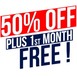 50% off discount offer with first month free promotion in bold red, white, and navy colors.