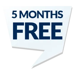 Promotional badge offering 5 months free, featuring bold navy blue text on a white background.