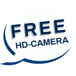 Speech bubble with text offering a free HD camera in bold navy blue letters.