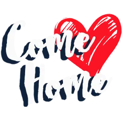 White brush script text Come Home with a red hand-drawn heart on a transparent background
