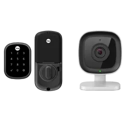 Black Yale smart lock keypad and deadbolt with wireless security camera on white background