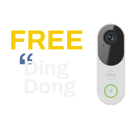 White video doorbell with camera and green button beside large yellow and white text Free Ding Dong.