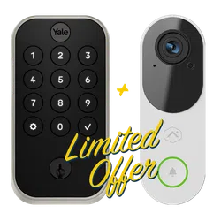 Smart keypad lock and video doorbell bundle with limited offer text overlay on black background.