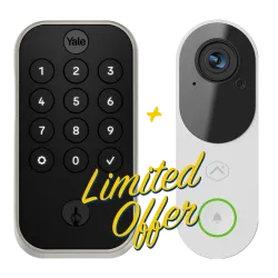 Yale smart lock keypad and video doorbell with limited offer text overlay