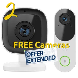Two black and white home security cameras with text offering free cameras and extended offer promotion.