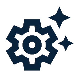Dark blue gear icon with two sparkling stars representing clean or optimized settings on transparent background.