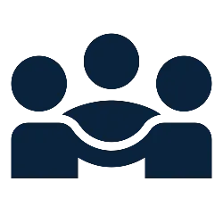 Icon of three people with two figures embracing a central figure, symbolizing support and teamwork.