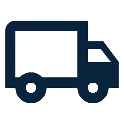Simple dark blue delivery truck icon with two wheels on a transparent background.