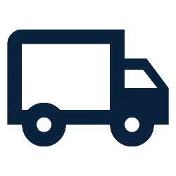 Simple dark blue truck icon with two wheels on a transparent background.