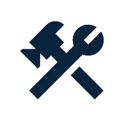 Dark blue crossed hammer and wrench icon symbolizing tools and maintenance on white background