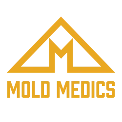 Yellow geometric triangle logo with letter M and bold Mold Medics text on black background