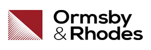 Ormsby & Rhodes logo with a red and white diagonal striped square beside bold black typography