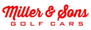 Miller & Sons Golf Cars logo with bold red cursive and block letters on white background