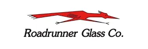 Red roadrunner bird illustration with Roadrunner Glass Co. text logo on white background
