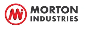 Morton Industries logo featuring red circular emblem with stylized M and bold black text on white background