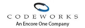 Codeworks company logo with a blue and black circular emblem above the company name and tagline