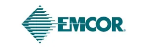 EMCOR logo featuring teal diamond shape with horizontal lines and bold teal text on white background