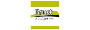 Brust logo with bold black and olive green text and stripes on a white background.