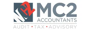 MC2 Accountants logo featuring audit, tax, and advisory services with a stylized red and gray design.