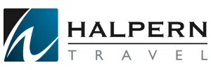 Halpern Travel logo with stylized blue and black emblem and bold black and gray text on white background