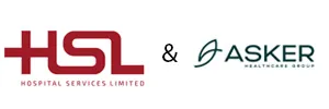 Logos of Hospital Services Limited in red and Asker Healthcare Group with a leaf icon side by side on white background