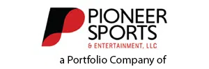 Logo of Pioneer Sports & Entertainment, LLC with red and black design elements.