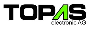 Topas Electronic AG logo with bold black letters and a green stylized A on a white background.