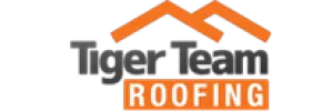 Tiger Team Roofing logo with orange roof graphic and bold black and orange text on white background