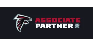 Atlanta Falcons logo with Associate Partner 2025 text on black background