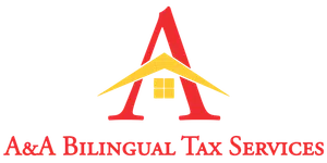 Logo of A&A Bilingual Tax Services featuring a red letter A with a yellow roof and window graphic.