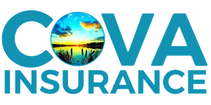 COVA Insurance logo with a sunset lake scene inside the letter O and blue bold text.