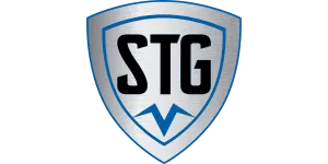 Shield-shaped logo with metallic silver and blue border featuring bold black letters STG and a blue angular design below