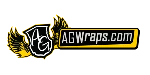 AGWraps.com logo with stylized AG initials on a shield and yellow wings on a black background
