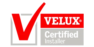 Velux Certified Installer logo with a red checkmark and bold text on red and gray backgrounds.