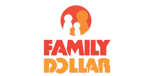 Family Dollar logo with stylized family figures in circle and bold red and orange text.