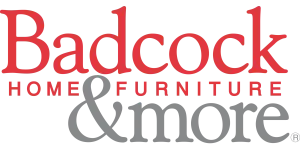 Badcock Home Furniture & More logo with red and gray text on a transparent background