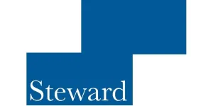 Blue and white logo of Steward International featuring a stepped square design and text elements.
