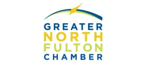 Logo of Greater North Fulton Chamber with blue, yellow, and green text and a swoosh with a star
