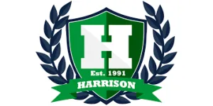 Green shield logo with a white H, navy laurel wreath, and banner reading Harrison Est. 1991