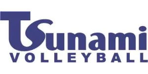 Tsunami Volleyball logo with blue text and a wave incorporated in the letter T