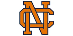 Interlocking orange and navy blue letters N, C, and V forming a bold emblem on white background