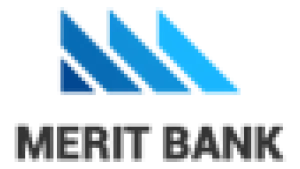 Merit Bank logo with stylized blue triangles and bold black text on a transparent background.