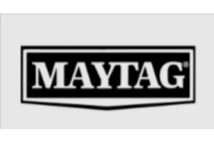 Black and white Maytag logo with bold letters inside a rectangular frame with a pointed bottom edge. image