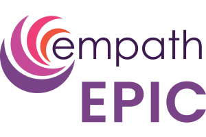 Empath Epic logo with stylized purple and red crescent shapes and bold text on a transparent background