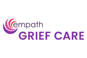 Empath Grief Care logo featuring purple and red crescent shapes and text on a white background