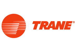 Trane company logo with bold orange text and a circular striped design element on a transparent background. image
