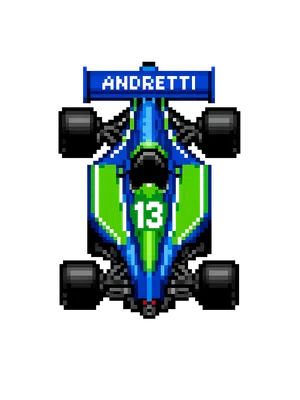 Pixel art top view of a blue and green race car with number 13 and Andretti on the rear wing.