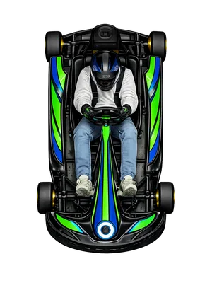 Top view of a person wearing a helmet and gloves driving a vibrant green and blue go-kart on black background